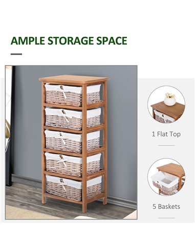 HOMCOM 5 Drawer Dresser Wicker Basket Storage Shelf Unit Wooden Frame Home Organisation Cabinet Bedroom Office Furniture Natural