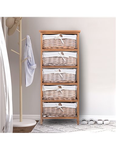 HOMCOM 5 Drawer Dresser Wicker Basket Storage Shelf Unit Wooden Frame Home Organisation Cabinet Bedroom Office Furniture Natural