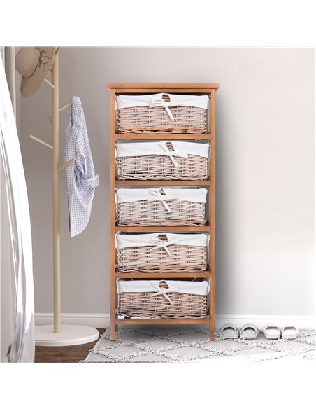 HOMCOM 5 Drawer Dresser Wicker Basket Storage Shelf Unit Wooden Frame Home Organisation Cabinet Bedroom Office Furniture Natural - pic 6624 | FastDaddyshop
