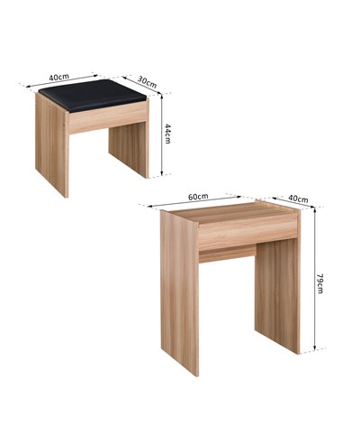 HOMCOM Dressing Table Set Padded Stool Dresser with Flip-up Mirror Multi-purpose - Wood Grain