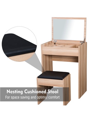 HOMCOM Dressing Table Set Padded Stool Dresser with Flip-up Mirror Multi-purpose - Wood Grain