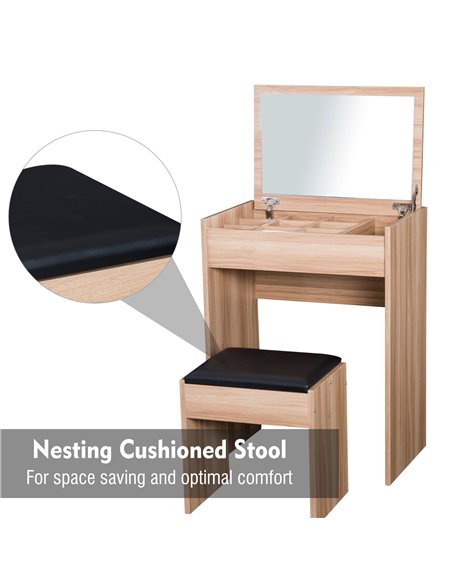 HOMCOM Dressing Table Set Padded Stool Dresser with Flip-up Mirror Multi-purpose - Wood Grain - pic 6629 | FastDaddyshop