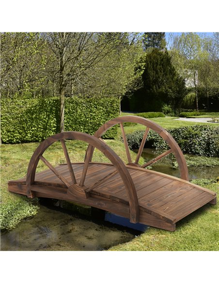 Outsunny Wooden Garden Bridge Lawn Decor Stained Finish Arc Outdoor Pond WalkwayYard Decoration Half Wheeled Railings 100L x 50W - pic 66293 | FastDaddyshop