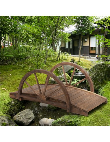 Outsunny Wooden Garden Bridge Lawn Decor Stained Finish Arc Outdoor Pond WalkwayYard Decoration Half Wheeled Railings 100L x 50W
