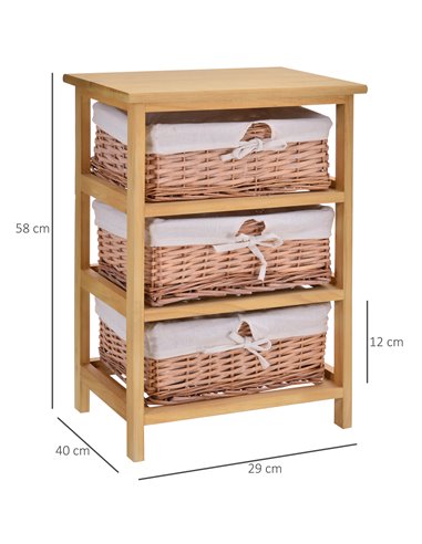 HOMCOM 3 Drawer Dresser Wicker Basket Storage Shelf Unit Wooden Frame Home Organisation Cabinet Bedroom Office Furniture Natural