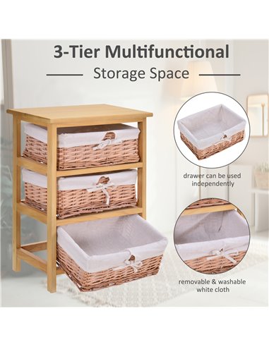 HOMCOM 3 Drawer Dresser Wicker Basket Storage Shelf Unit Wooden Frame Home Organisation Cabinet Bedroom Office Furniture Natural
