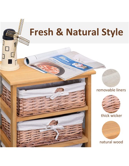 HOMCOM 3 Drawer Dresser Wicker Basket Storage Shelf Unit Wooden Frame Home Organisation Cabinet Bedroom Office Furniture Natural - pic 6644 | FastDaddyshop