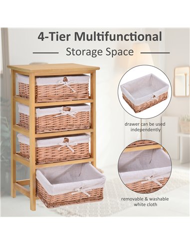 HOMCOM 4 Drawer Dresser Wicker Basket Storage Shelf Unit Wooden Frame Home Organisation Cabinet Bedroom Office Furniture Natural