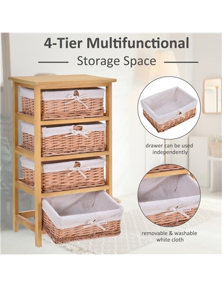 HOMCOM 4 Drawer Dresser Wicker Basket Storage Shelf Unit Wooden Frame Home Organisation Cabinet Bedroom Office Furniture Natural - pic 6651 | FastDaddyshop