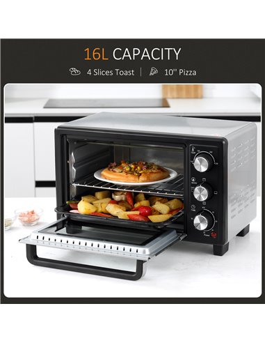 HOMCOM Convection Mini Oven, 16L Countertop Electric Grill, Toaster Oven with Adjustable Temperature, 60 Min Timer, Crumb Tray, 