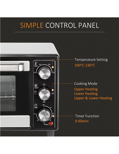 HOMCOM Convection Mini Oven, 16L Countertop Electric Grill, Toaster Oven with Adjustable Temperature, 60 Min Timer, Crumb Tray, 