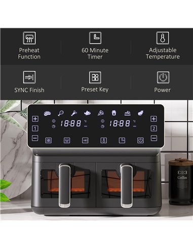 HOMCOM Family Air Fryer , 8L Double Air Fryer Oven w/ 8 Presets, Digital Display, Recipe Cookbook, 60min Timer for Oil Free & Lo