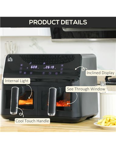 HOMCOM Family Air Fryer , 8L Double Air Fryer Oven w/ 8 Presets, Digital Display, Recipe Cookbook, 60min Timer for Oil Free & Lo