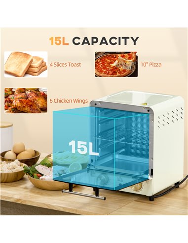 HOMCOM Convection Mini Oven, 15L Electric Oven & Grill w/ Adjustable Temperature, Timer, Baking Tray, Wire Rack, Crumb Tray, 100