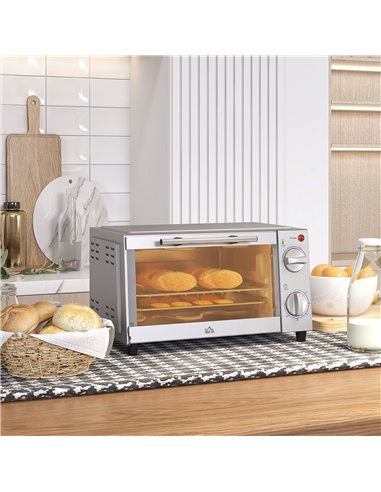 HOMCOM Mini Oven, 9L Countertop Electric Grill, Toaster Oven with Adjustable Temperature, Timer, Baking Tray and Wire Rack, 750W