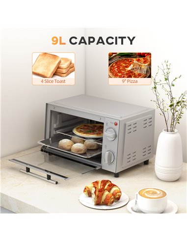 HOMCOM Mini Oven, 9L Countertop Electric Grill, Toaster Oven with Adjustable Temperature, Timer, Baking Tray and Wire Rack, 750W