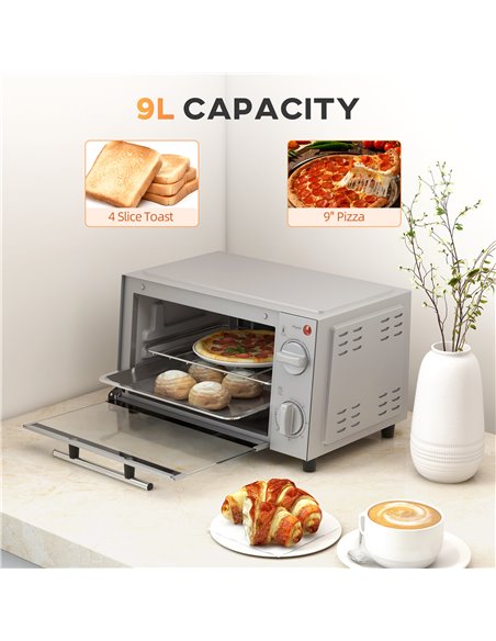 HOMCOM Mini Oven, 9L Countertop Electric Grill, Toaster Oven with Adjustable Temperature, Timer, Baking Tray and Wire Rack, 750W - pic 66853 | FastDaddyshop