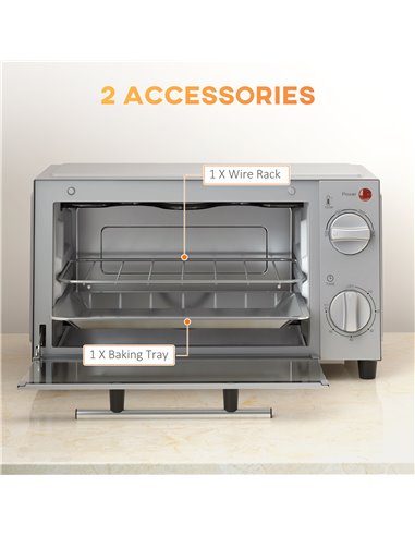 HOMCOM Mini Oven, 9L Countertop Electric Grill, Toaster Oven with Adjustable Temperature, Timer, Baking Tray and Wire Rack, 750W