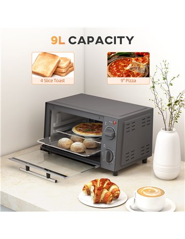 HOMCOM Mini Oven, 9L Countertop Electric Grill, Toaster Oven with Adjustable Temperature, Timer, Baking Tray and Wire Rack, 750W
