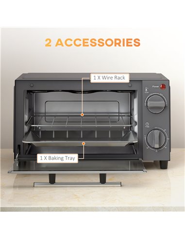 HOMCOM Mini Oven, 9L Countertop Electric Grill, Toaster Oven with Adjustable Temperature, Timer, Baking Tray and Wire Rack, 750W