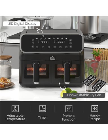 HOMCOM Dual Air Fryer, 8L Family Size Double Air Fryer Oven with 8-In-1 Presets, Smart Finish, Digital Display, Visual Window, R