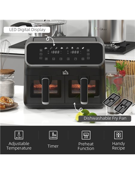 HOMCOM Dual Air Fryer, 8L Family Size Double Air Fryer Oven with 8-In-1 Presets, Smart Finish, Digital Display, Visual Window, R - pic 66893 | FastDaddyshop