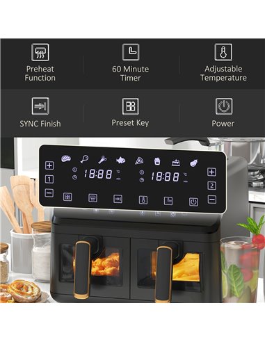 HOMCOM Dual Basket Air Fryer, 8L Family Size Double Air Fryer Oven with 8 Presets, Digital Display, Visual Window, Inner Light, 