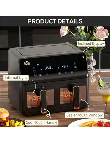 HOMCOM Dual Basket Air Fryer, 8L Family Size Double Air Fryer Oven with 8 Presets, Digital Display, Visual Window, Inner Light, 