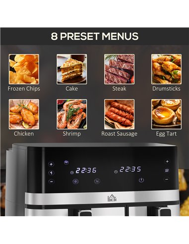 HOMCOM Dual Air Fryer, 8.5L Family Size Double Air Fryer Oven with 8-In-1 Presets, Smart Finish, Digital Display, Recipe, Timer 