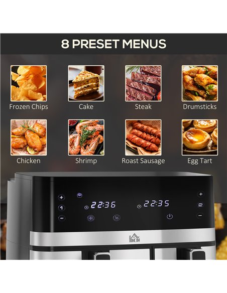 HOMCOM Dual Air Fryer, 8.5L Family Size Double Air Fryer Oven with 8-In-1 Presets, Smart Finish, Digital Display, Recipe, Timer  - pic 66926 | FastDaddyshop