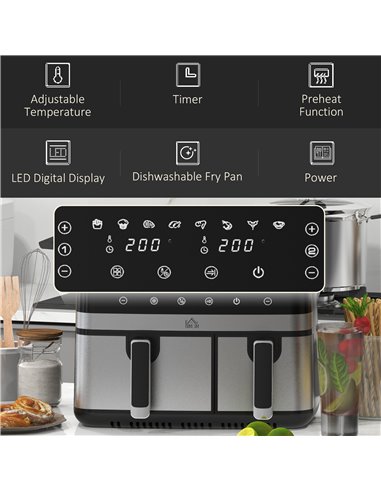 HOMCOM Dual Air Fryer, 8.5L Family Size Double Air Fryer Oven with 8-In-1 Presets, Smart Finish, Digital Display, Recipe, Timer 