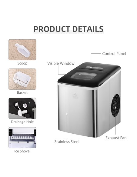 HOMCOM Ice Maker Machine, Counter Top Ice Cube Maker for Home 12kg in 24 Hrs 1.8L with Self Cleaning Function Scoop and Basket S - pic 66971 | FastDaddyshop