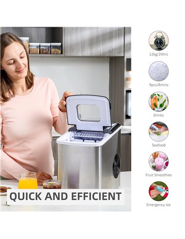 HOMCOM Ice Maker Machine, Counter Top Ice Cube Maker for Home 12kg in 24 Hrs 1.8L with Self Cleaning Function Scoop and Basket S