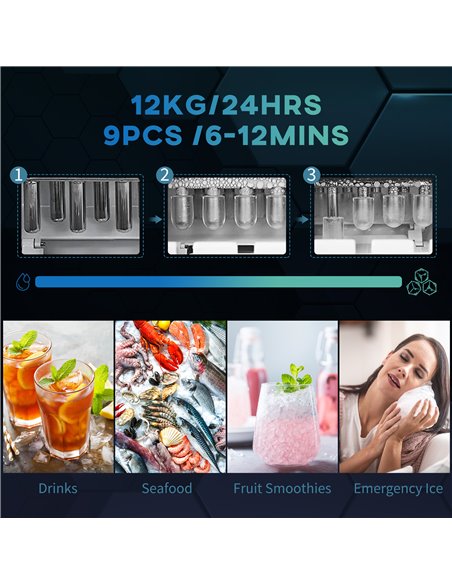 HOMCOM Ice Maker Machine Counter Top, 12Kg in 24 Hrs, 9 Cubes Ready in 6-12Mins, Portable Ice Cube Maker with Ice Scoop and Bask - pic 67006 | FastDaddyshop