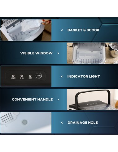 HOMCOM Ice Maker Machine Counter Top, 12Kg in 24 Hrs, 9 Cubes Ready in 6-12Mins, Portable Ice Cube Maker with Ice Scoop and Bask