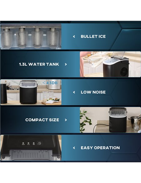 HOMCOM Ice Maker Machine Counter Top, 12Kg in 24 Hrs, 9 Cubes Ready in 6-12Mins, Portable Ice Cube Maker with Ice Scoop and Bask - pic 67008 | FastDaddyshop