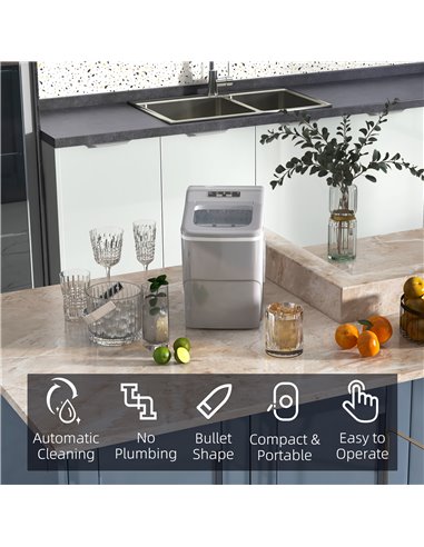 HOMCOM Portable Ice Maker Countertop, Bullet Ice Cube Machine, 9 Ice Cubes per 8 Minutes, Automatic Cleaning, Visible Window Sco