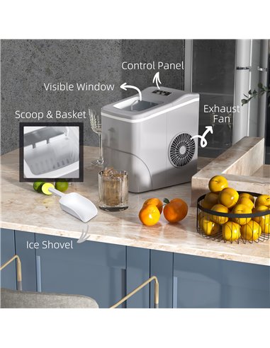 HOMCOM Portable Ice Maker Countertop, Bullet Ice Cube Machine, 9 Ice Cubes per 8 Minutes, Automatic Cleaning, Visible Window Sco