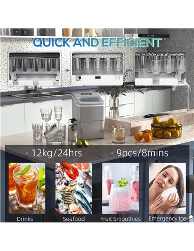 HOMCOM Portable Ice Maker Countertop, Bullet Ice Cube Machine, 9 Ice Cubes per 8 Minutes, Automatic Cleaning, Visible Window Sco