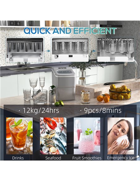 HOMCOM Portable Ice Maker Countertop, Bullet Ice Cube Machine, 9 Ice Cubes per 8 Minutes, Automatic Cleaning, Visible Window Sco - pic 67017 | FastDaddyshop