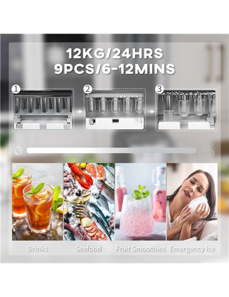HOMCOM Ice Maker Machine Countertop, 12Kg in 24 Hrs, 9 Cubes Ready in 6-12Mins, Portable Ice Cube Maker w/ 2 Ice Cube Sizes, Sel - pic 67033 | FastDaddyshop