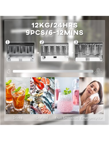 HOMCOM Ice Maker Machine Counter Top, 12Kg in 24 Hrs, 9 Cubes Ready in 6-12Mins, Portable Ice Cube Maker with Ice Scoop and Bask