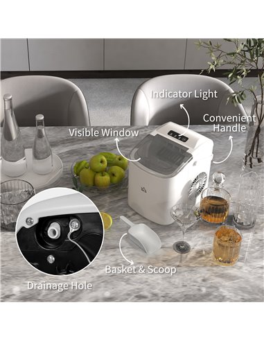HOMCOM Ice Maker Machine Counter Top, 12Kg in 24 Hrs, 9 Cubes Ready in 6-12Mins, Portable Ice Cube Maker with Ice Scoop and Bask