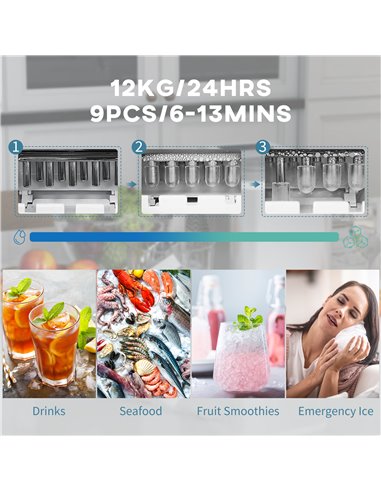 HOMCOM Ice Maker Machine Countertop, 12Kg in 24 Hrs, 9 Cubes Ready in 6-13Mins, Self-Cleaning Portable Ice Cube Maker with 2 Siz