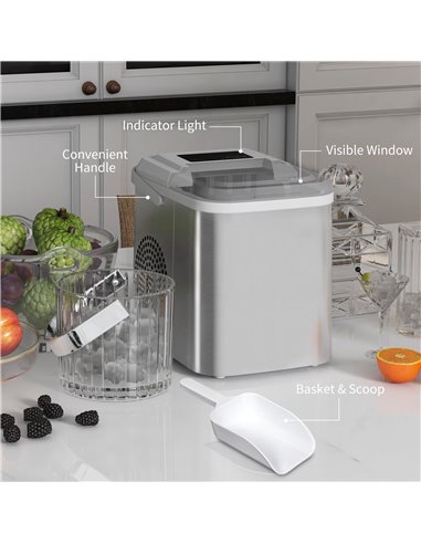 HOMCOM Ice Maker Machine Countertop, 12Kg in 24 Hrs, 9 Cubes Ready in 6-13Mins, Self-Cleaning Portable Ice Cube Maker with 2 Siz