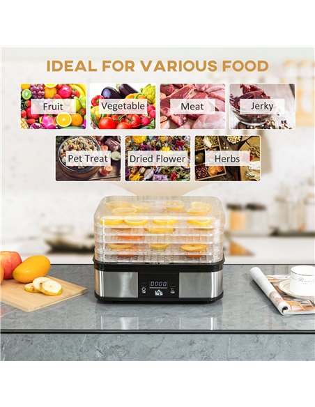 HOMCOM 5 Tier Food Dehydrator, 245W Stainless Steel Food Dryer Machine with Adjustable Temperature, Timer and LCD Display for Dr - pic 67087 | FastDaddyshop