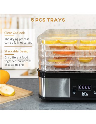 HOMCOM 5 Tier Food Dehydrator, 245W Stainless Steel Food Dryer Machine with Adjustable Temperature, Timer and LCD Display for Dr