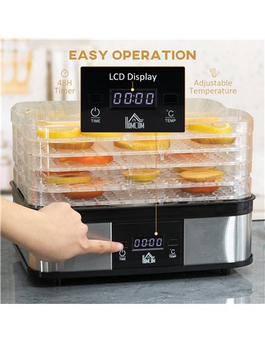 HOMCOM 5 Tier Food Dehydrator, 245W Stainless Steel Food Dryer Machine with Adjustable Temperature, Timer and LCD Display for Dr