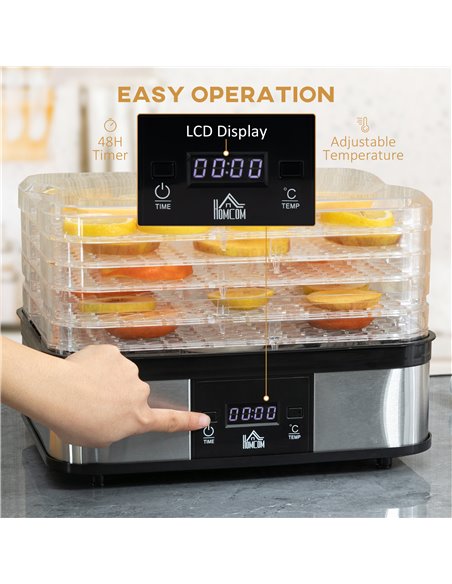 HOMCOM 5 Tier Food Dehydrator, 245W Stainless Steel Food Dryer Machine with Adjustable Temperature, Timer and LCD Display for Dr - pic 67089 | FastDaddyshop