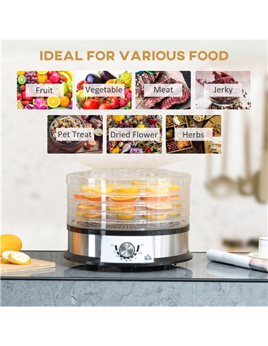 HOMCOM 5 Tier Food Dehydrator, 250W Stainless Steel Food Dryer Machine with Adjustable Temperature for Drying Fruit, Meat, Veget